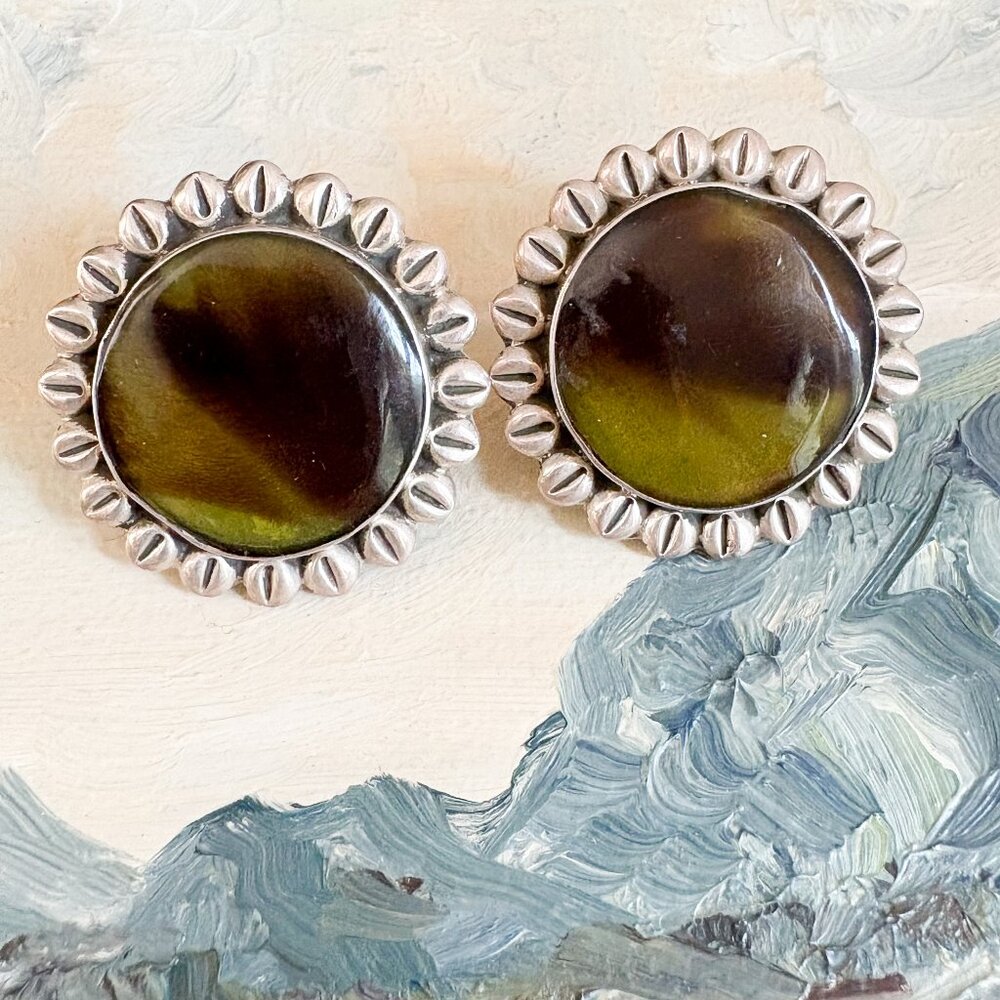 Stamped Sterling Silver and Tiger Eye Stone Earrings, 1980s Mexican Silver Studs
